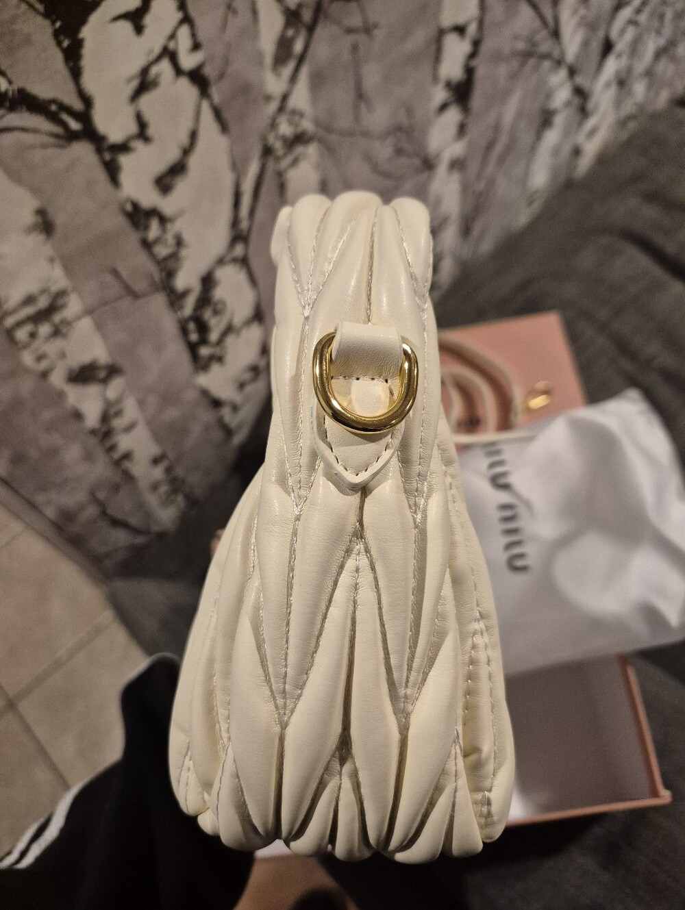 Cream Quilted Shoulder Bag with Gold Hardware